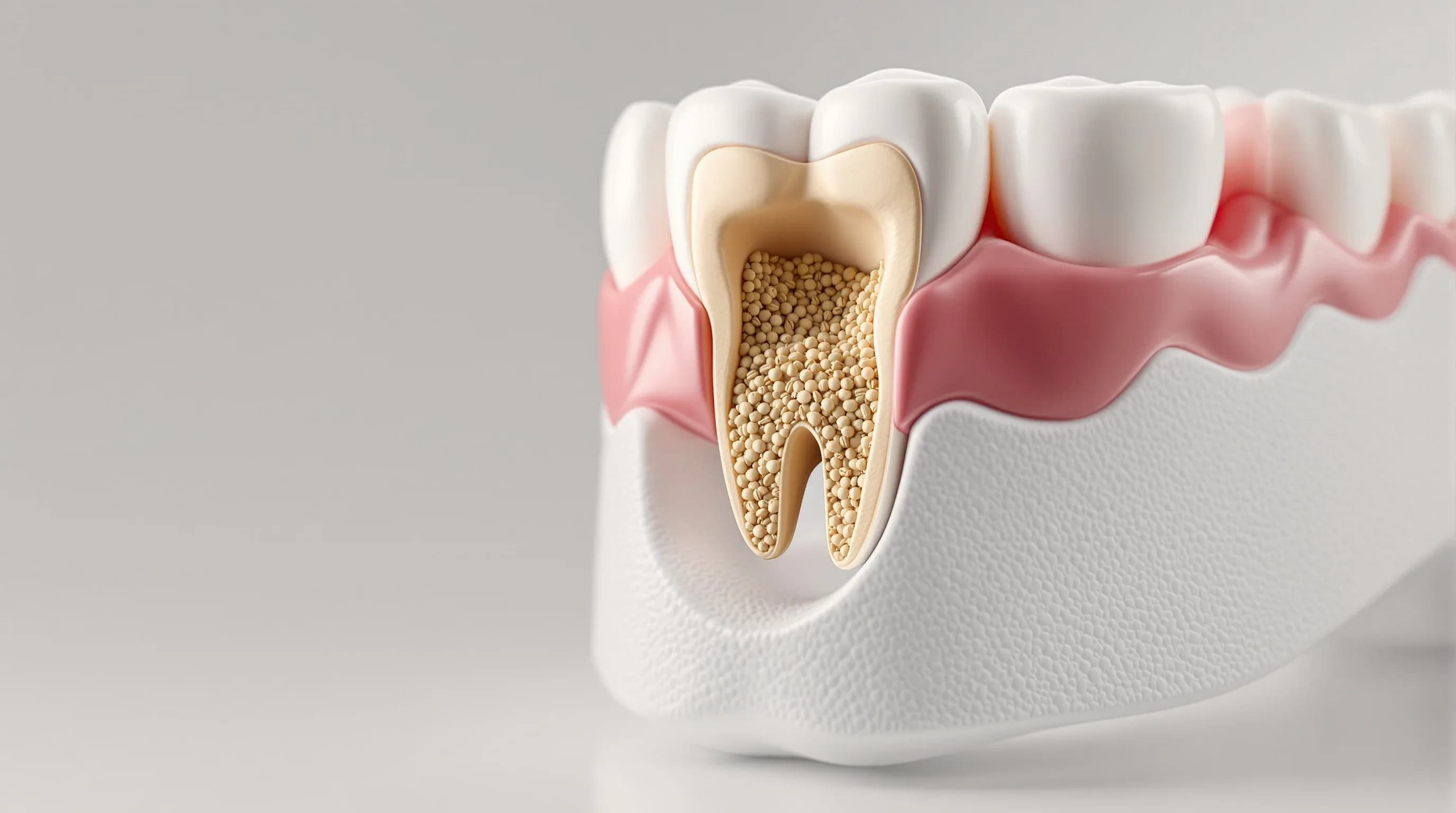 Dental bone graft material in a tooth socket model at Neola Dental in Minneola, FL