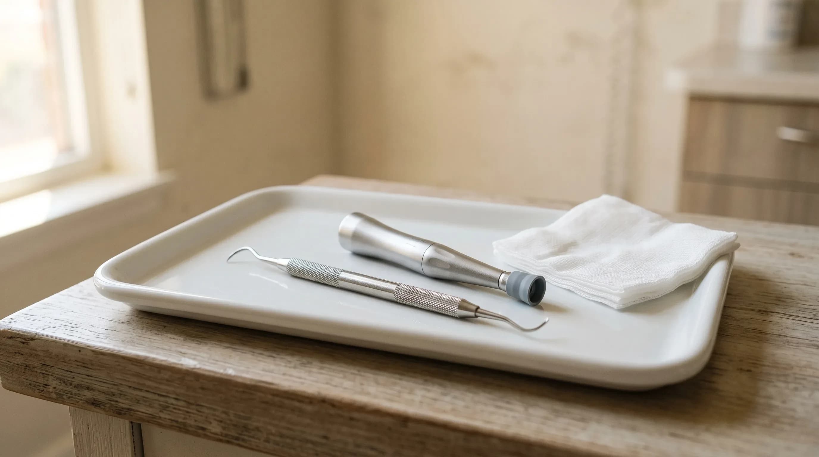 Dental scaler, polishing handpiece and gauze arranged on a clean tray